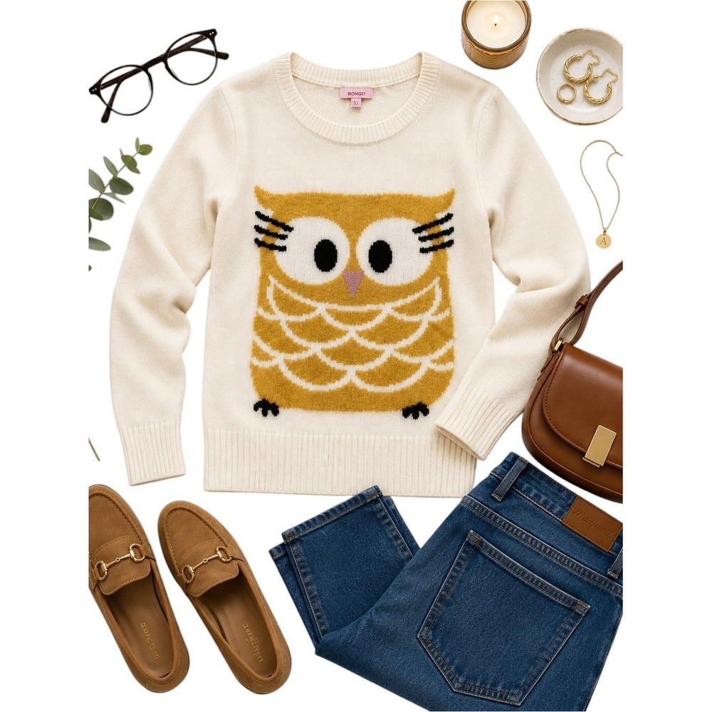 Bongo Owl Graphic Sweater Cream Cotton Blend Preppy Chi O Rush Women's Small EUC